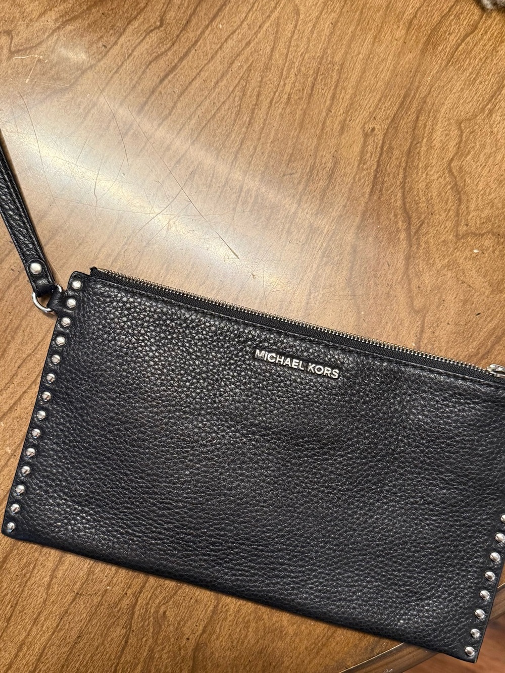 Michael Kors Black Pebbled Leather Studded Wristlet